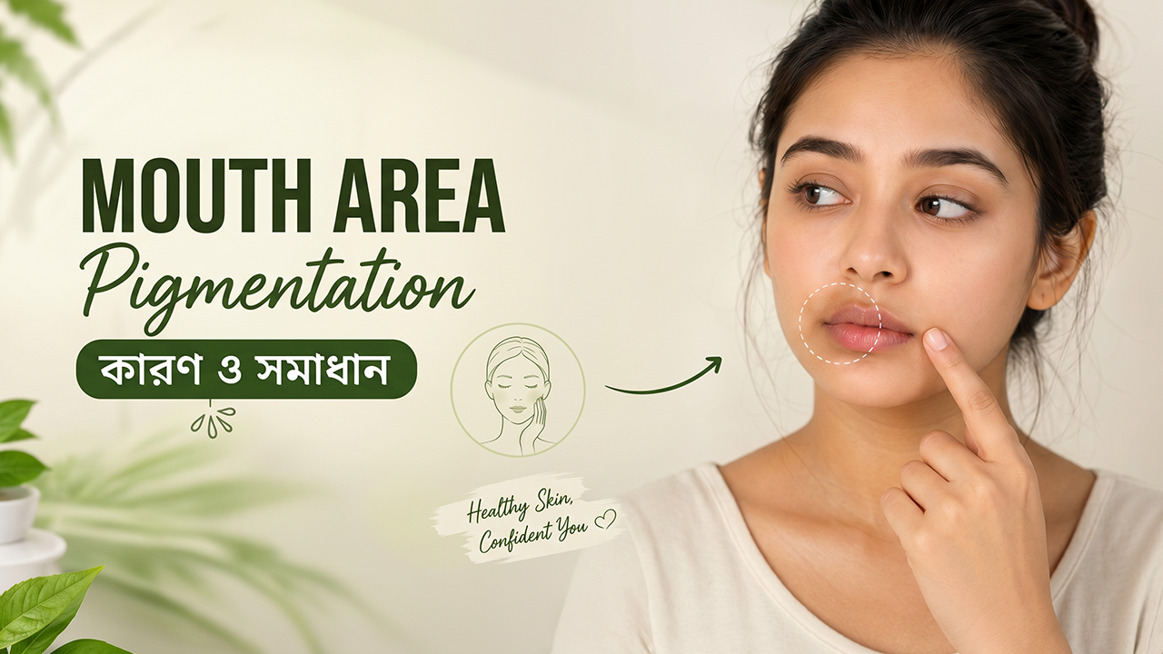 Minimal skincare themed vlog cover featuring a woman highlighting mouth area pigmentation with clean green aesthetic, soft natural lighting, and Guerniss skincare branding focused on healthy glowing skin.