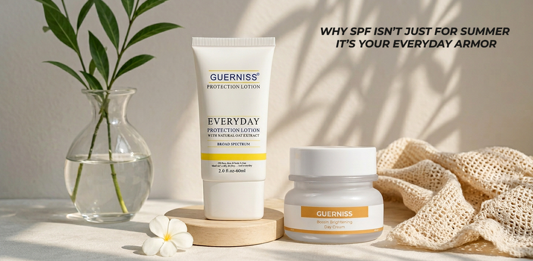Minimal skincare-themed image featuring sunscreen products in soft natural sunlight, highlighting the importance of daily SPF protection for healthy, glowing skin throughout the year.