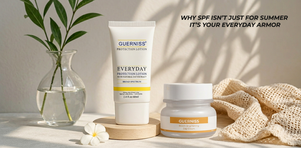Minimal skincare-themed image featuring sunscreen products in soft natural sunlight, highlighting the importance of daily SPF protection for healthy, glowing skin throughout the year.