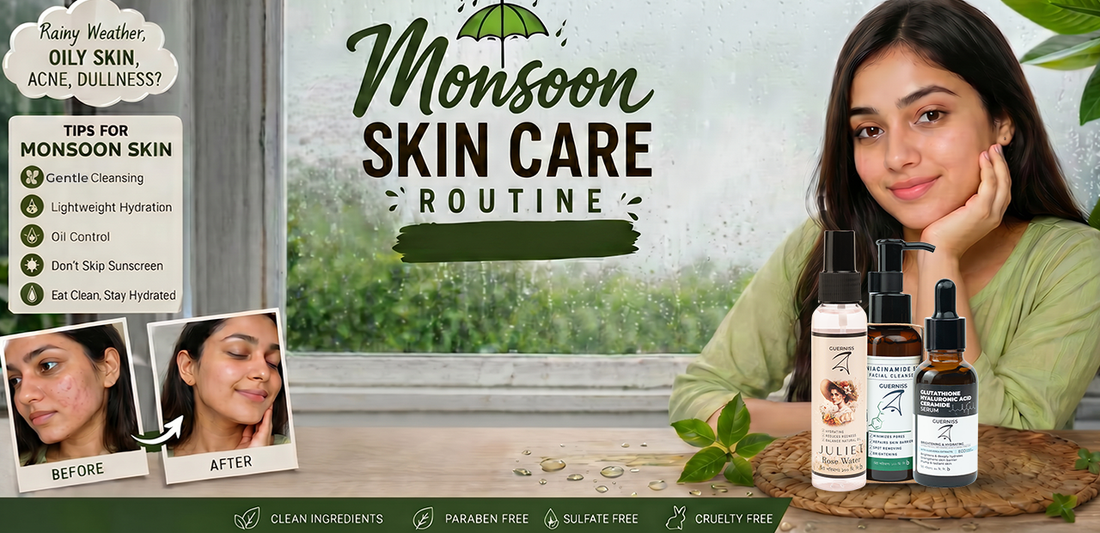 Monsoon skincare routine with Guerniss Raw products showing glowing skin, gentle cleansing, lightweight hydration, oil control and sunscreen tips during rainy season