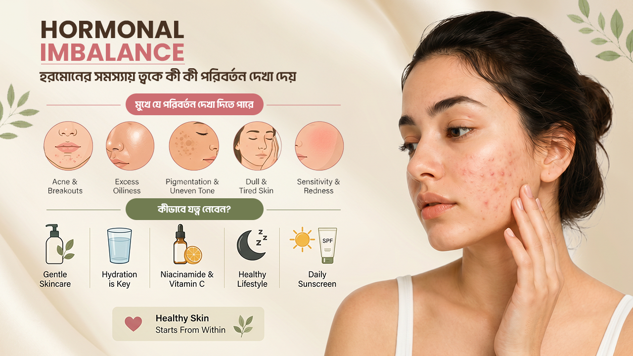 Hormonal imbalance-এর কারণে acne, oily skin, pigmentation ও sensitive skin দেখানো minimal skincare concept illustration।