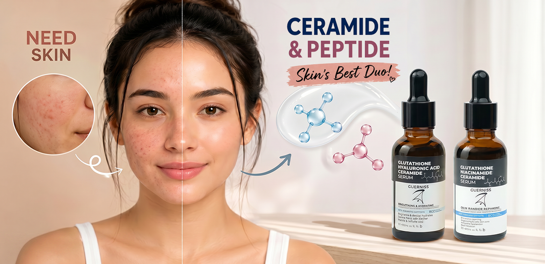 Ceramide এবং Peptide স্কিনকেয়ার উপাদান নিয়ে শিক্ষামূলক ভিজ্যুয়াল, যেখানে শুষ্ক ও ড্যামেজড স্কিনের পাশে হেলদি, গ্লোয়িং স্কিন দেখানো হয়েছে।