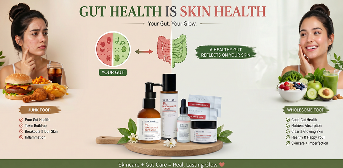 Flat lay of healthy foods like fruits, yogurt, and vegetables alongside skincare products representing the connection between gut health and glowing skin.