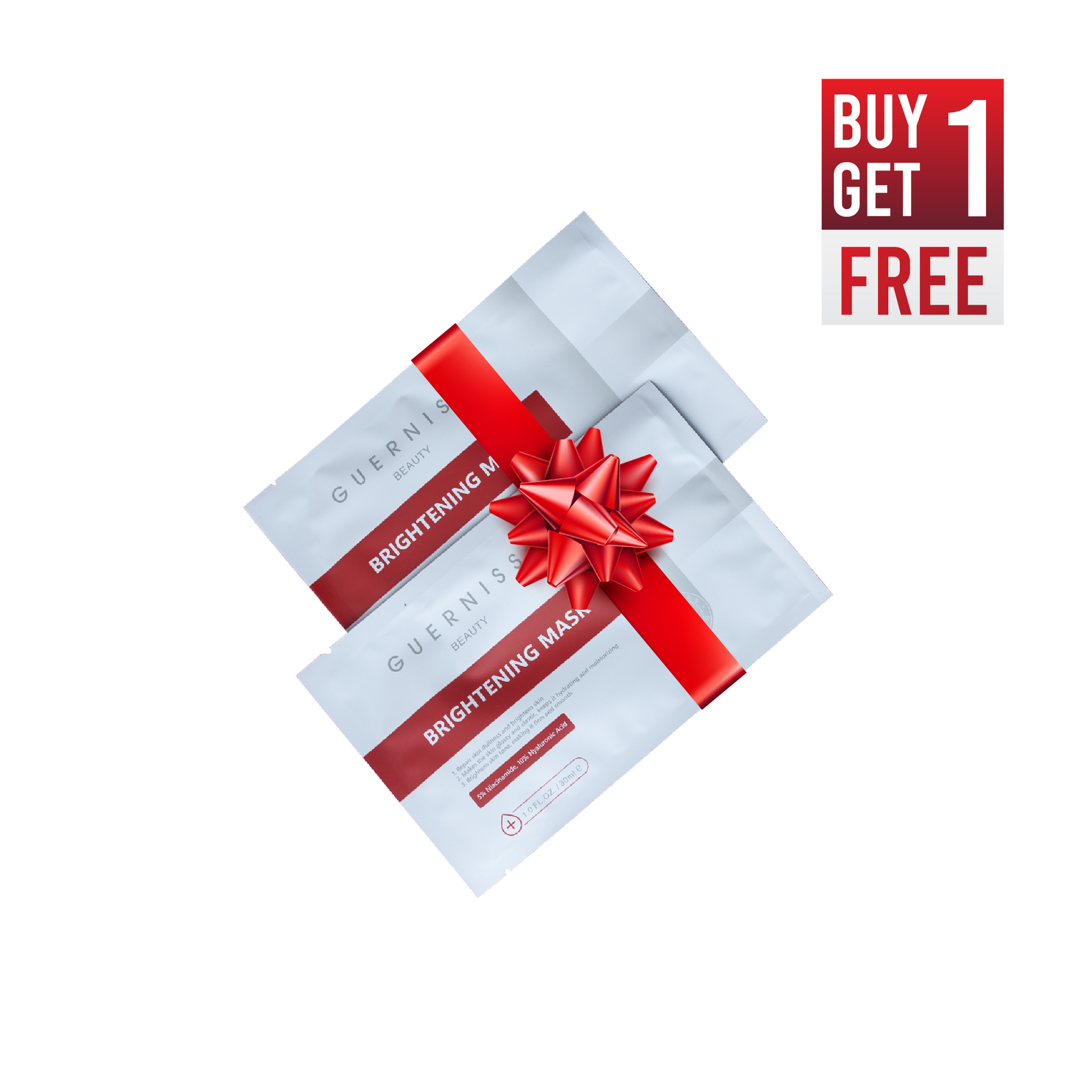 Two Guerniss brightening mask packages with a red bow and 'Buy 1 Get 1 Free' text on a white background.