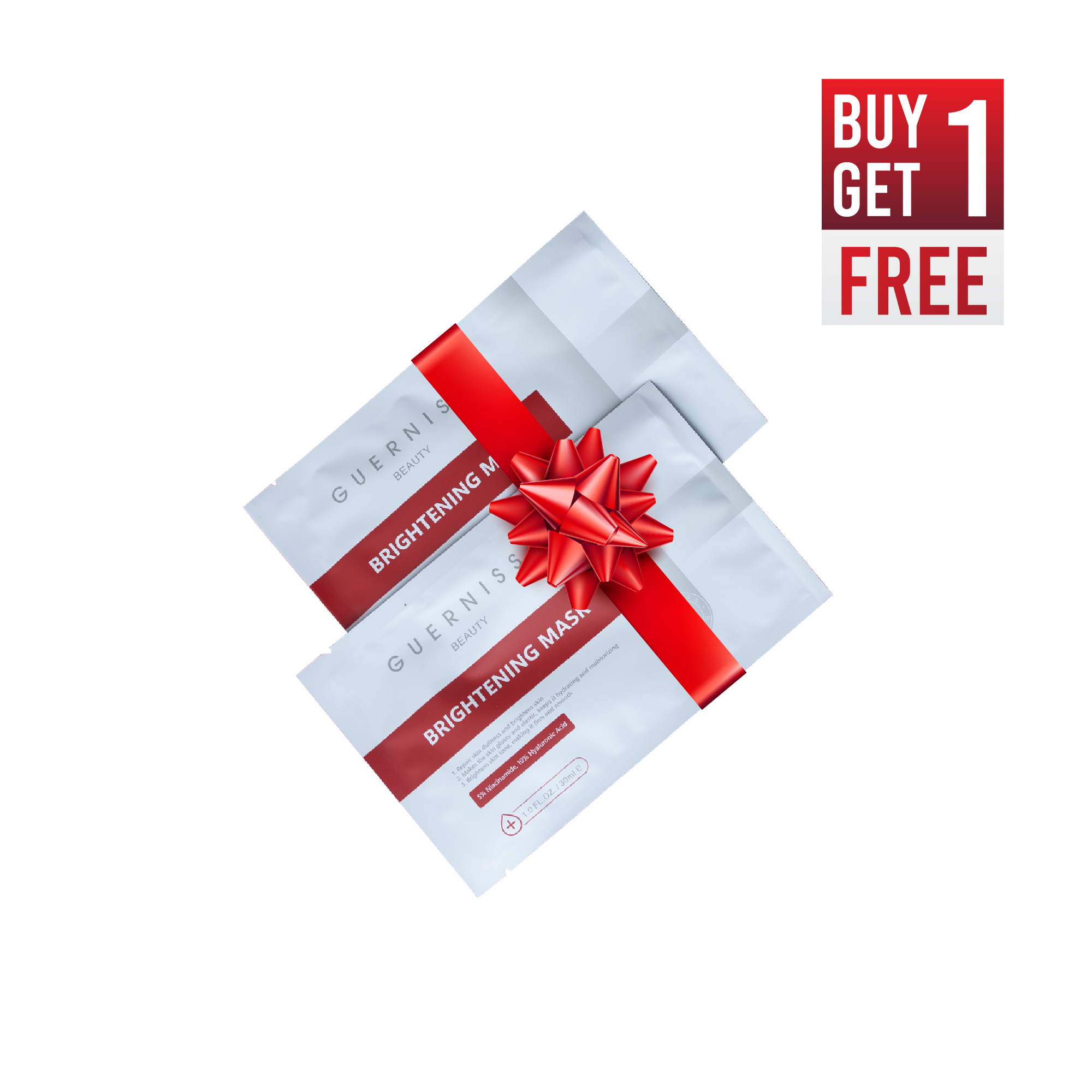 Two Guerniss brightening mask packages with a red bow and 'Buy 1 Get 1 Free' text on a white background.