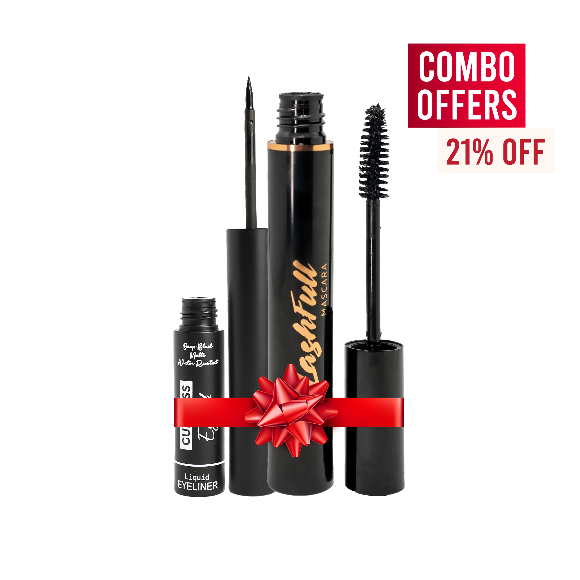 Set of makeup products including Guerniss mascara and eyeliner with a red bow and 'Combo Offers' text on a white background.