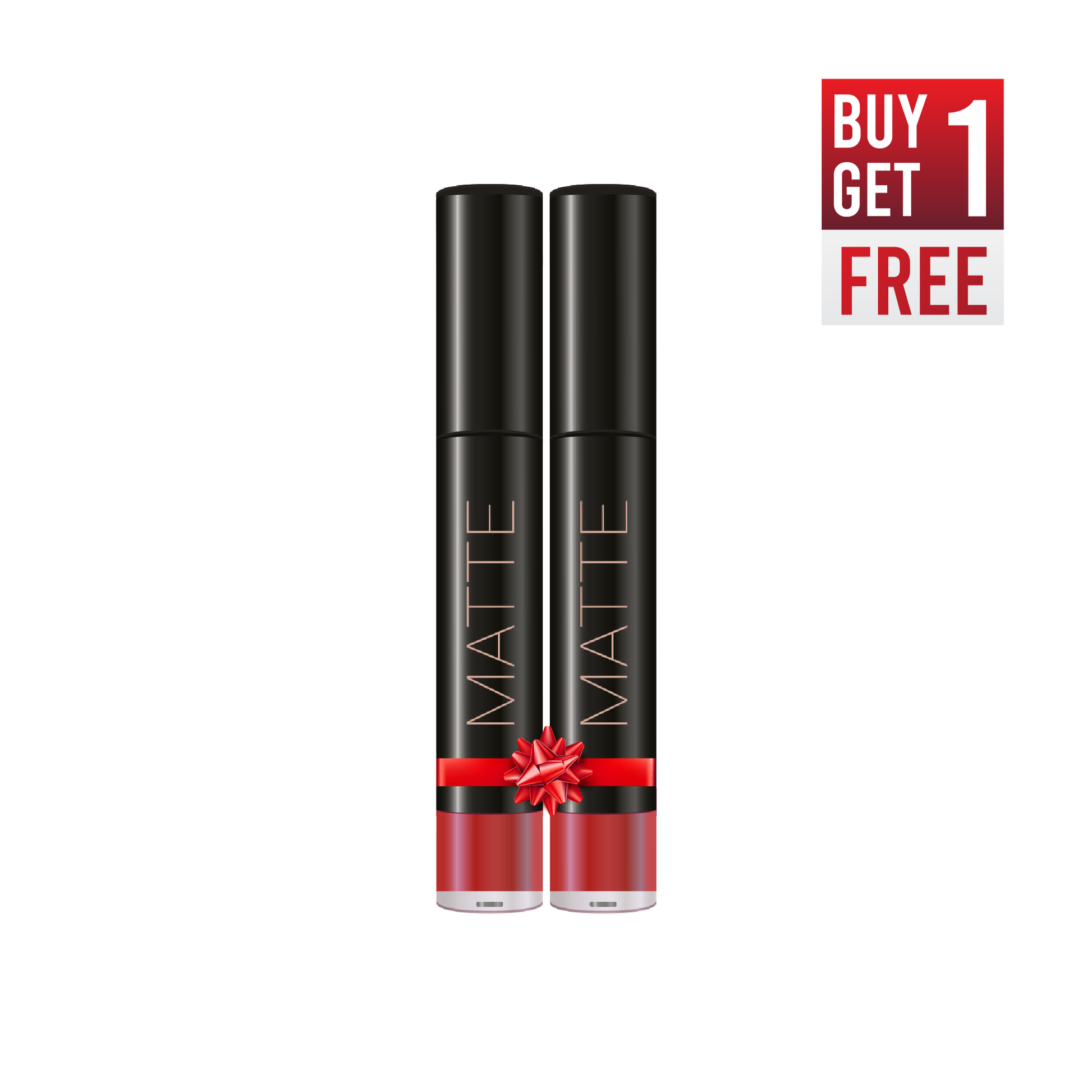 Two guerniss matte lipstick tubes with a red bow and 'Buy 1 Get 1 Free' offer on a white background.