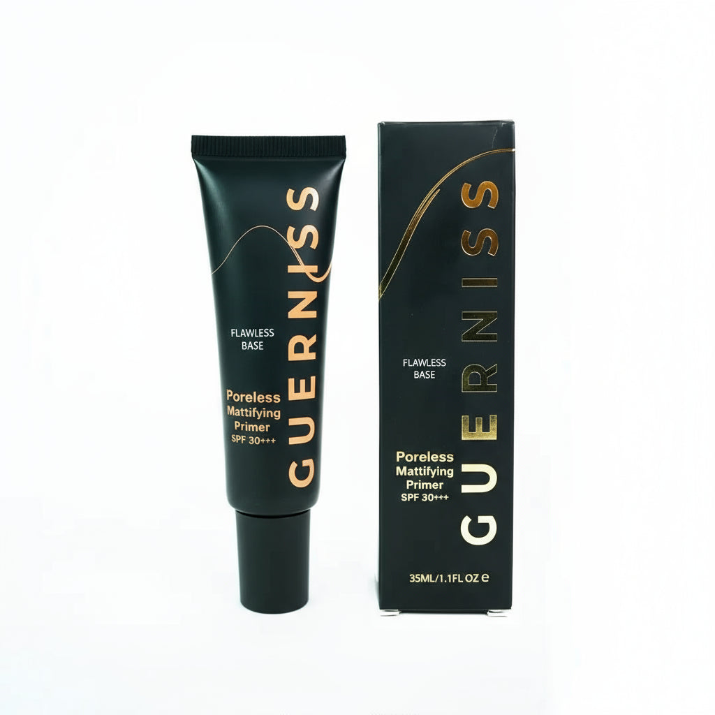 Guerniss poreless matifying primer tube and packaging on a white background