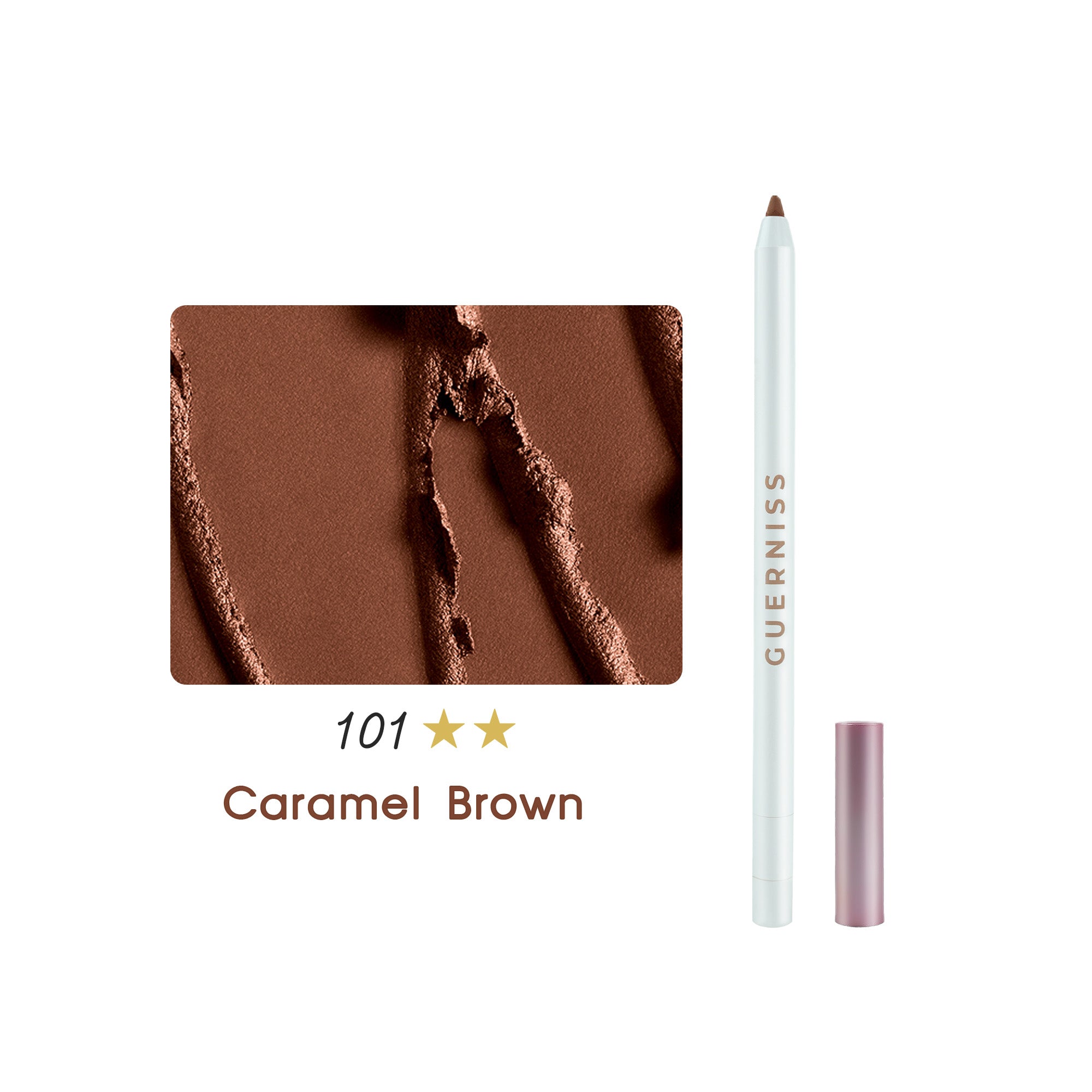 Guerniss Caramel Brown 101 lip liner pencil with swatch and pink cap on white background