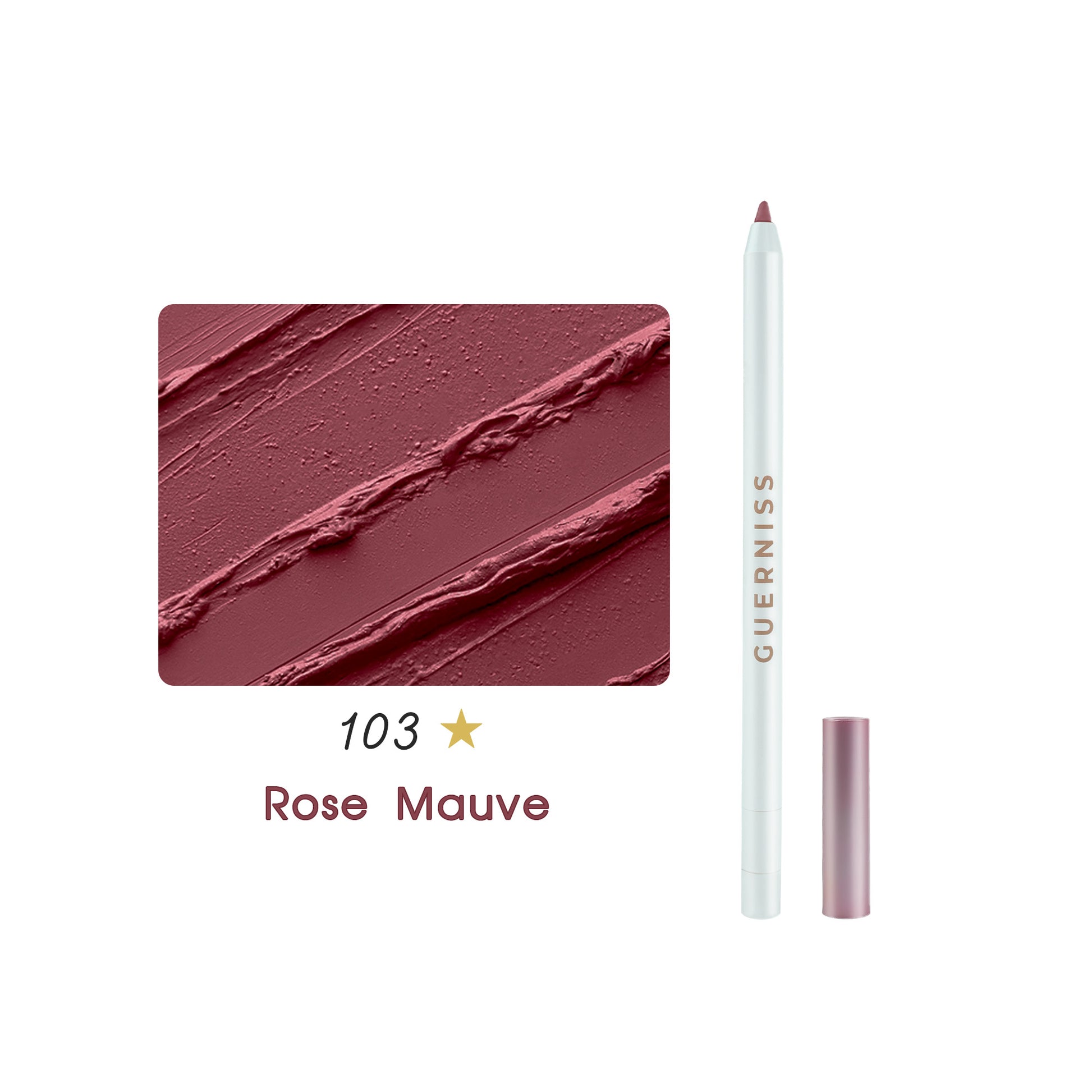 Guerniss lip liner pencil in rose mauve shade 103 with textured color swatch