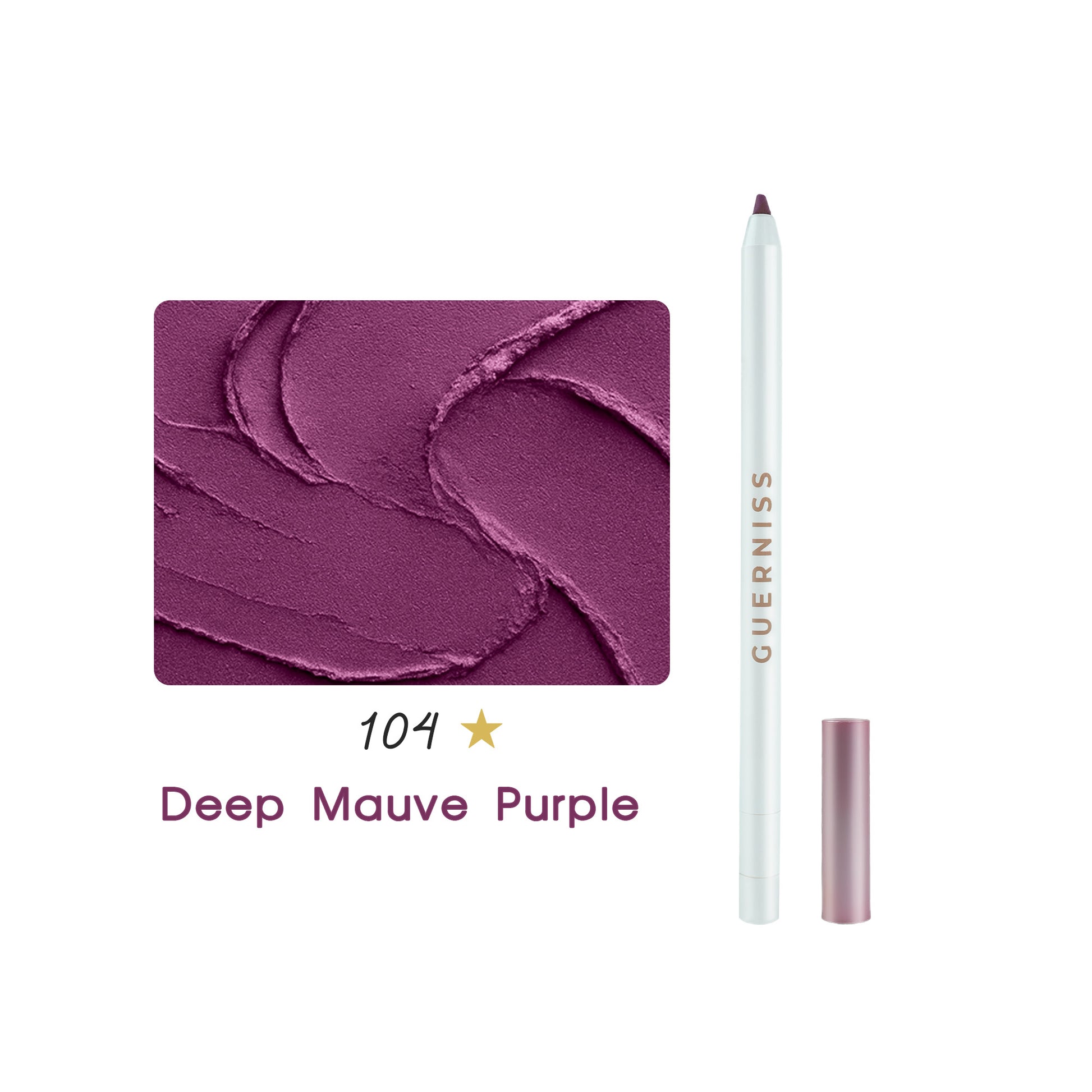 Guerniss lip liner pencil in deep mauve purple shade 104 with textured color swatch