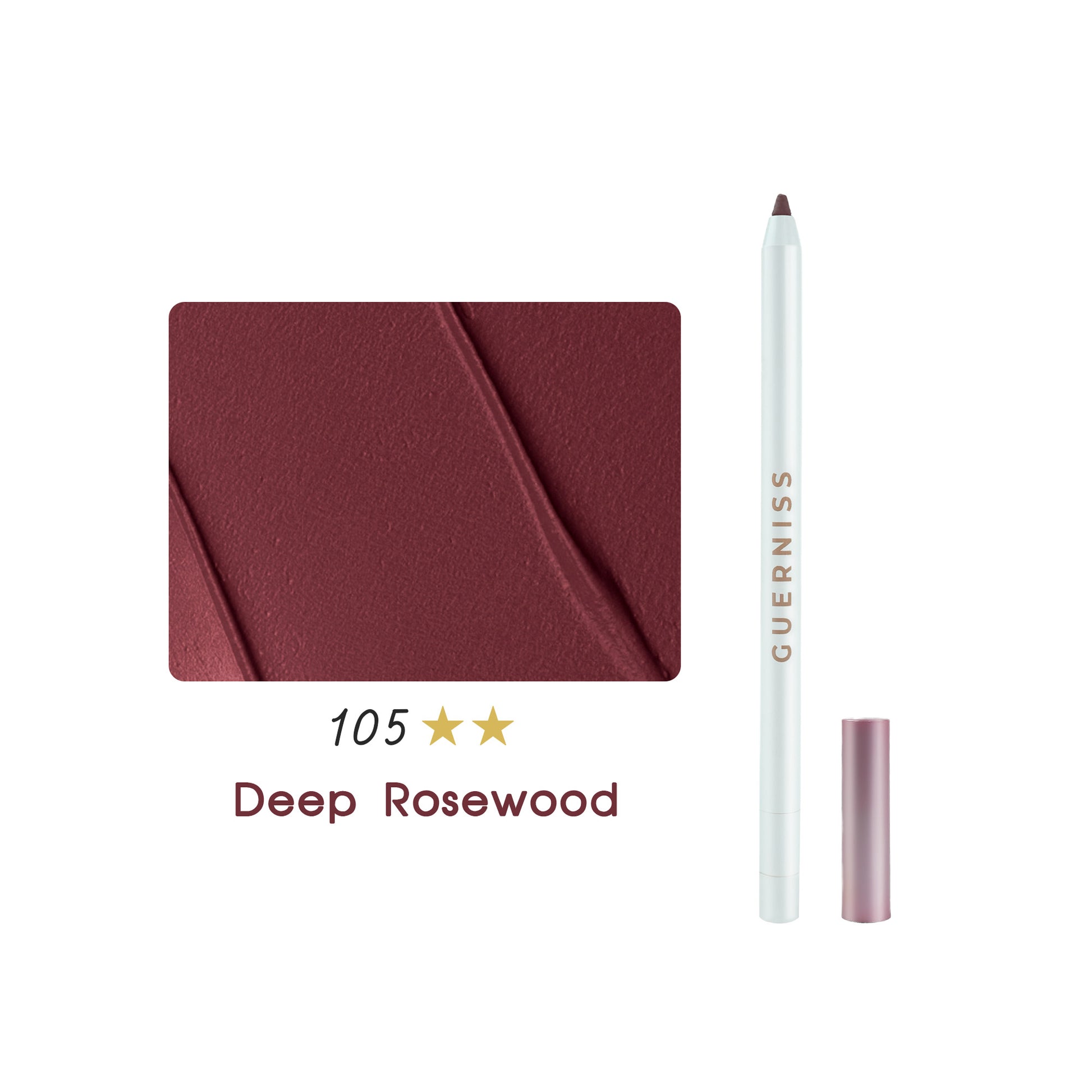 Guerniss lip liner pencil in deep rosewood shade 105 with textured color swatch