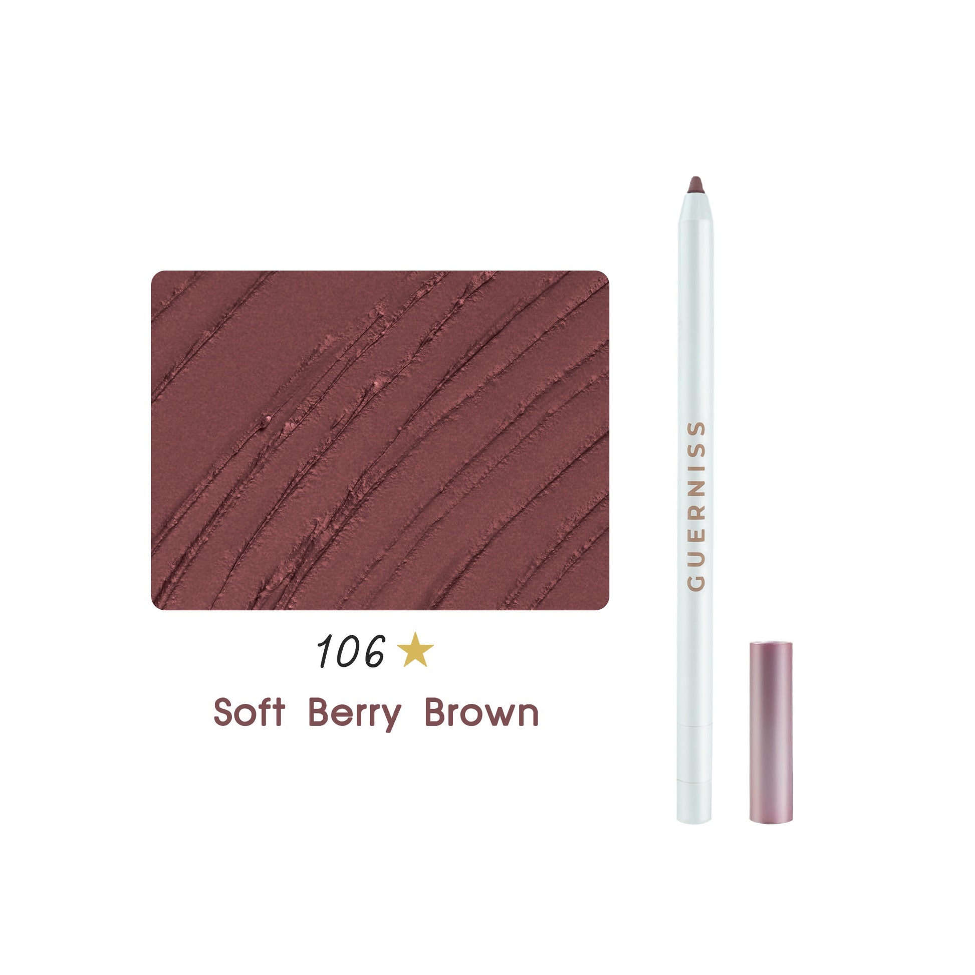 Guerniss lip liner pencil in berry brown shade 106 with textured color swatch