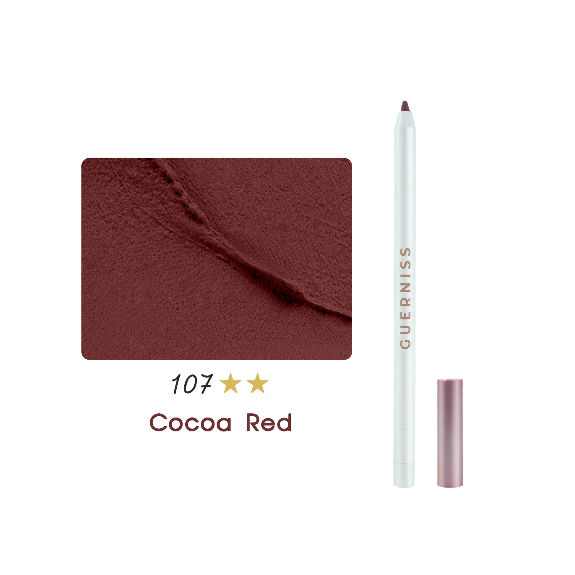 Guerniss lip liner pencil in cocoa red shade 107 with textured color swatch